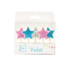Velas Estrellas Rosa-Celeste-Plata x 5